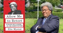 Elie Mystal with the cover of his book,  “Allow Me to Retort: A Black Guy’s Guide to the Constitution”