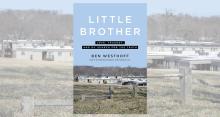 Book cover of Little Brother with photo of blue sky and low income housing