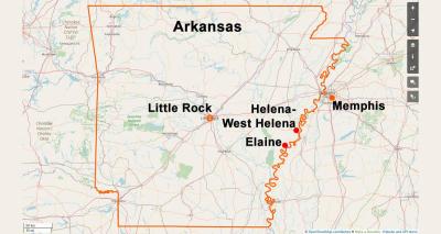 Map showing outline of the state of Arkansas with markers for Little Rock (center), Memphis (north east border), and Helena-West Helena and Elaine (east central border).,